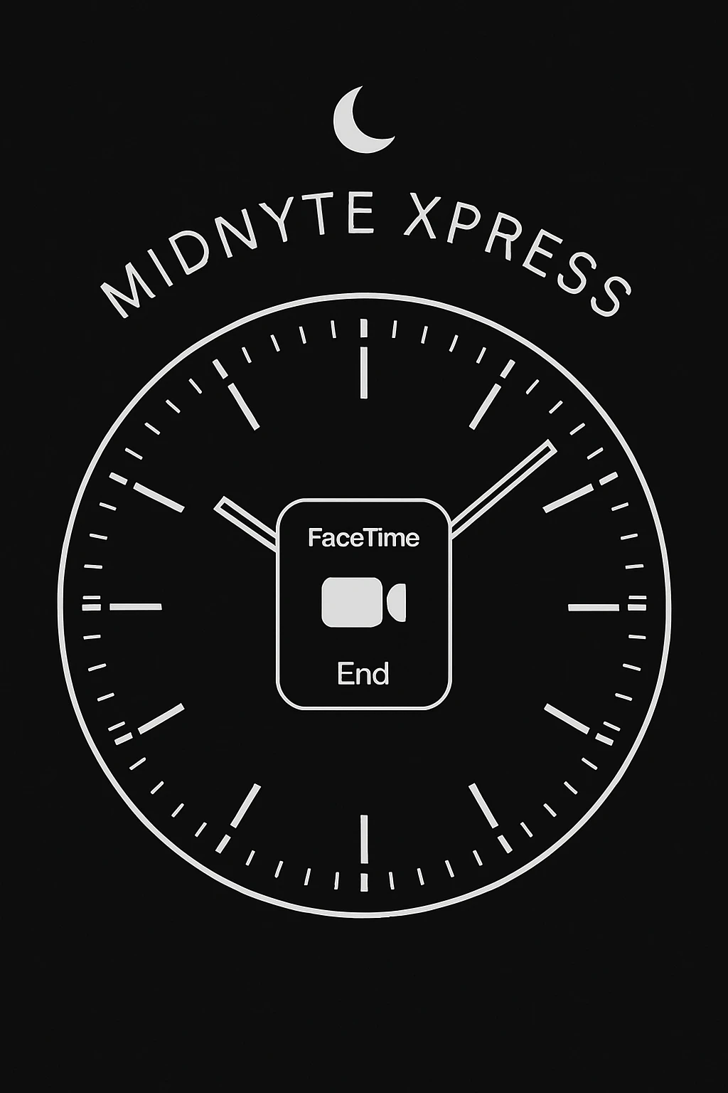 Midnight clock with FaceTime call in the center, 'Midnyte Xpress' arched above, half moon above the words. Minimalist, tech-forward, sleek, digital-inspired, modern, clear, visually balanced style. emoji