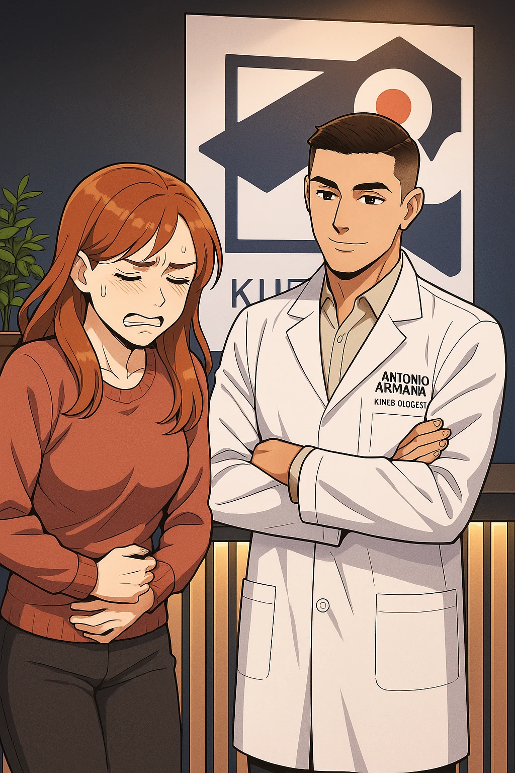 su questo stile fai un manga/webtoon a colori in cui una donna si lamenta che sta male e ha mal di pancia, l'uomo della foto in stile manga gli risponde, mantieni un ambiente simile alla foto che ho allegato con il suo logo (sarebbe il suo studio, lui è un kinesiologo), non mettere fumetti, ma fai in modo che sembri che la donna chiede una cosa e l'uomo risponde alla sua domanda emoji