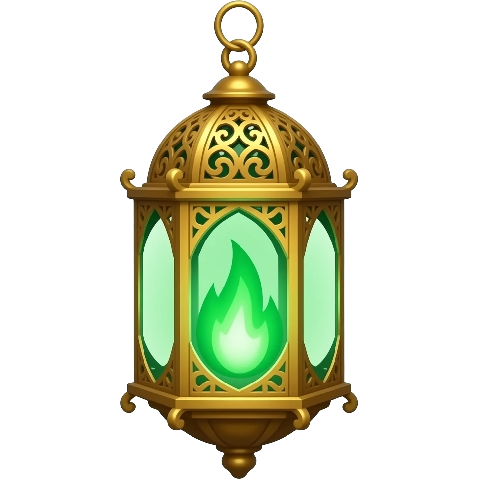 A golden hanging lantern with a bright emerald green flames, no chain/loop on top, fae filigree worked into the design, but simple focus more on the green flame emoji