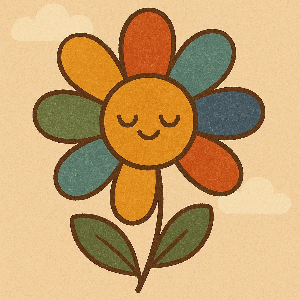 A simple seven-petal flower with each petal in a distinct bright color, flat design style. emoji