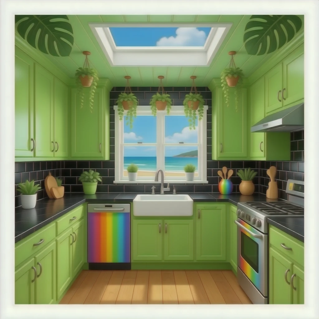 fancy kitchen with black wall tiles, lime green cabinets, rainbow metal appliances and sink, black countertops, wood floors, leaf green colored ceiling with a skylight, hanging decorative plants from the ceiling and views of the beach emoji
