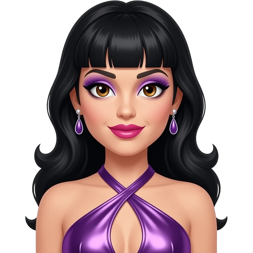 Jessica Sutta from The Pussycat Dolls with hazel eyes, long black pin-up bang hair, purple eyeshadow, hot pink lipstick, purple metallic halter dress, earrings emoji
