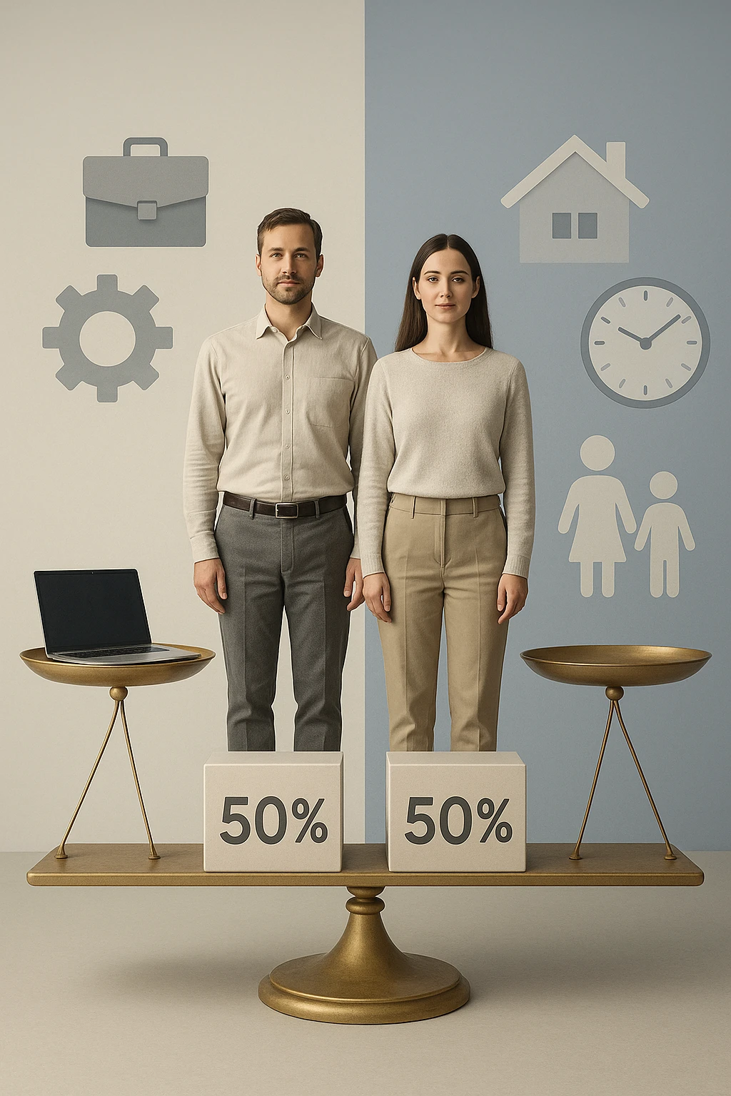 Uomo e donna in piedi l’uno accanto all’altra, al centro di una bilancia perfettamente in equilibrio. Entrambi vestiti in modo simile (moderno e neutro), con espressioni serene e rispettose. Sotto i loro piedi, due blocchi con scritto '50%' ciascuno. Sullo sfondo, elementi divisi simmetricamente: lavoro, famiglia, tempo libero, rappresentati equamente da entrambi. Atmosfera armoniosa, illuminazione equilibrata, colori neutri e simbolici (bianco, grigio, blu e oro). Stile realistico con accento simbolico sul concetto di equità emoji