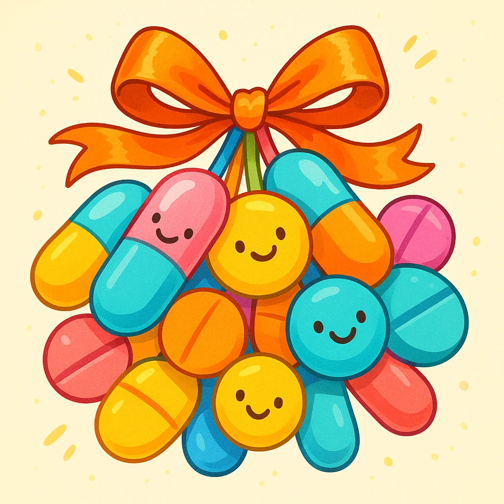 a bunch of assorted medicine pills tied together with a ribbon, cheerful and fun emoji
