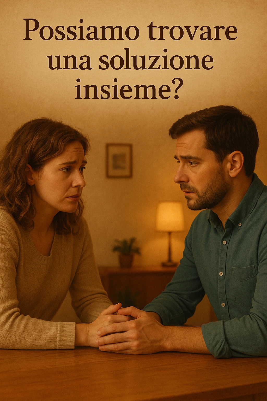 Vertical format: man and woman talking sitting at a table, worried but open expressions, text in Italian: 'Possiamo trovare una soluzione insieme?', intimate and hopeful atmosphere emoji