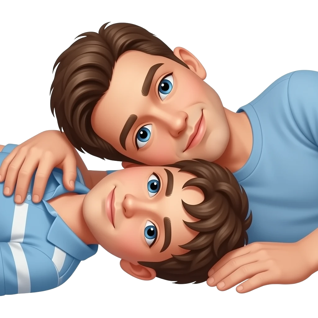 Erstelle ein Emoji von zwei Brüder, der eine um die 22 und der andere um die 26, der älter Bruder legt sein Arm über sein jüngeren Bruder und beide legen die Köpfe gegeinander. Beide haben blaue Augen emoji
