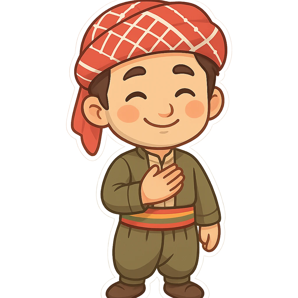 cartoon sticker of a Kurdish man in traditional clothing, hand on chest (salute) pose, gentle smile, colorful and cheerful, no text, suitable for WhatsApp and Instagram emoji
