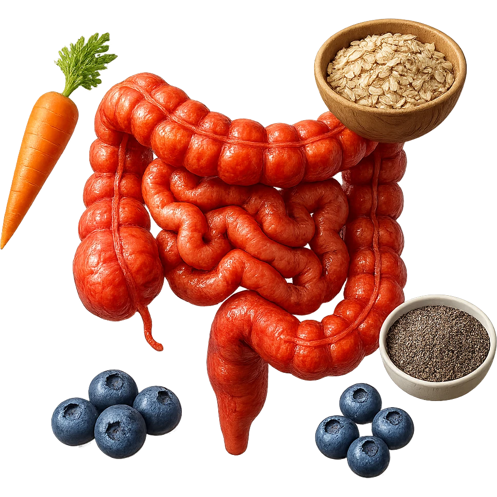 intestino umano anatomico infiammato al centro con carota, bowl di avena, mirtilli, bowl di semi di chia che gli fluttuano intorno , iperrealistico 4k emoji