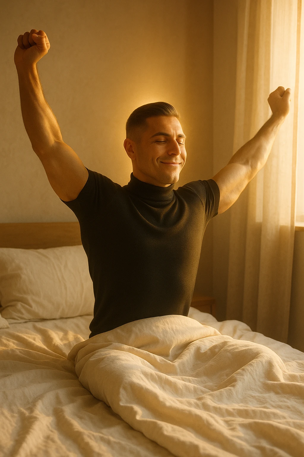 A cinematic photo of a man stretching in bed just after waking up, the morning sunlight flooding the room. His skin glows slightly, expression rested and serene. Muscles subtly defined, energy flowing through his posture. The air is filled with a golden calm. A symbolic glow surrounds his head and chest, representing mental clarity and physical recovery. The scene is clean, natural, minimalist. Rich in textures and realistic warmth. emoji