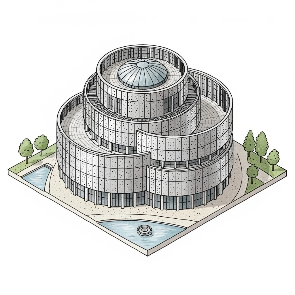 Isometric illustration of the Library of Birmingham, iconic cities landmark, miniature slightly hand-drawn style, transparent background. emoji