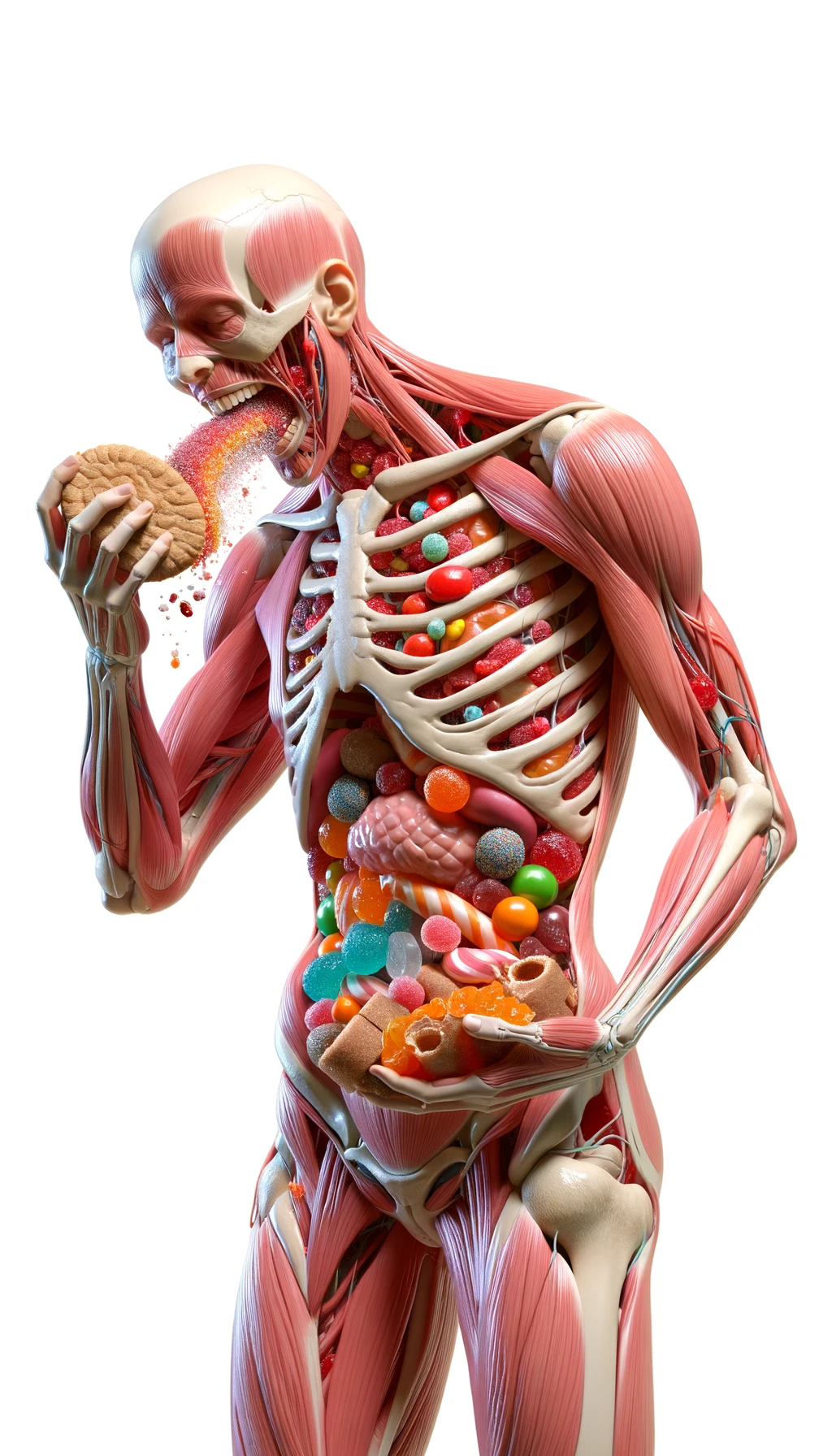 corpo umano anatomico in piedi a figura intera che si abbuffa di dolci e zuccheri, iperrealistico 4k, isolato su sfondo bianco emoji