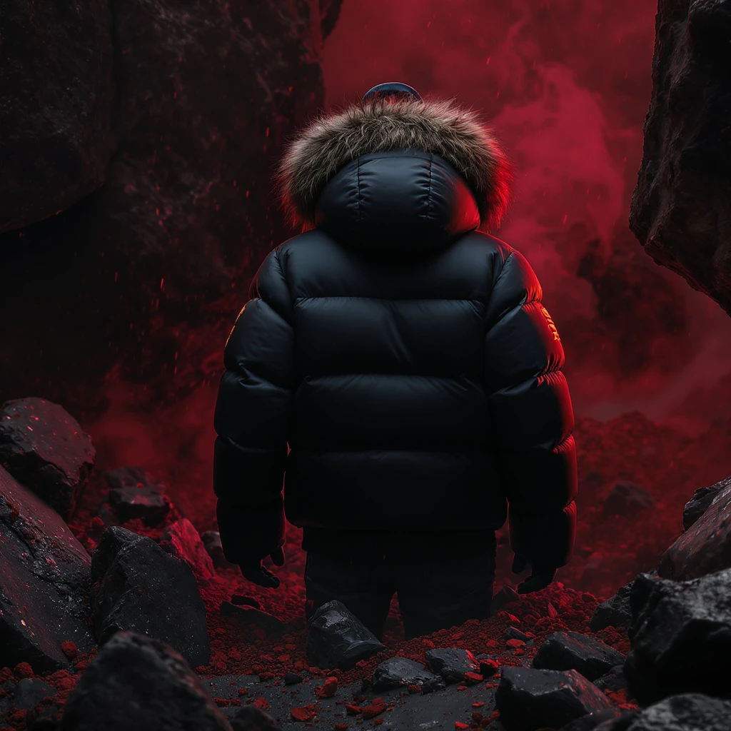 cinematic still of a black puffer jacket around black stone with red coal temeperature environment, back red light emoji