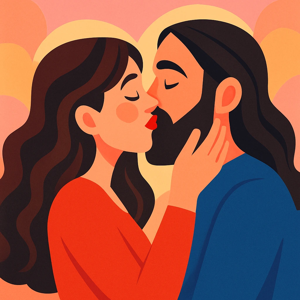 expressive illustration of a white woman with long dark brown wavy hair and a white man with long hair and black beard kissing, soft background, romantic atmosphere emoji