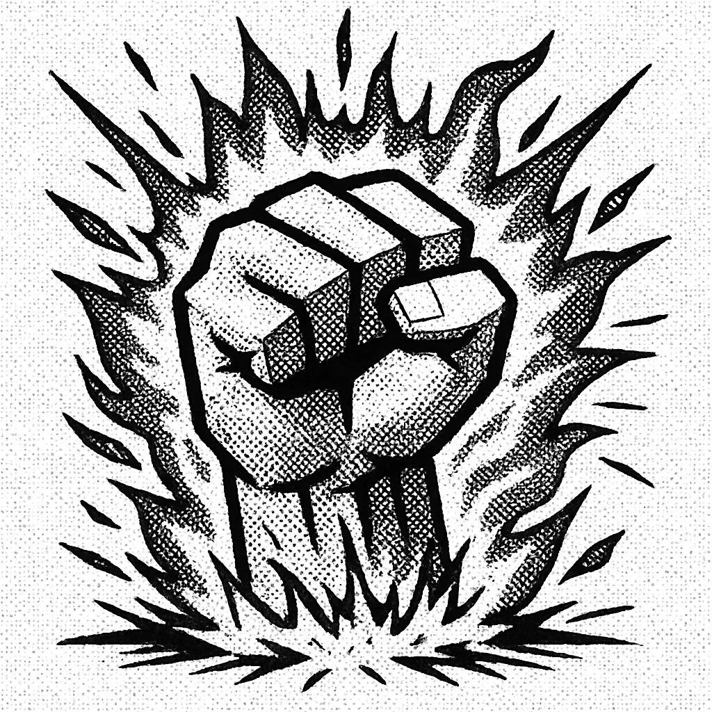 A clenched fist breaking through a fiery explosion, symbolizing strength and impact, in comic book style with dynamic motion lines and comic shading. emoji