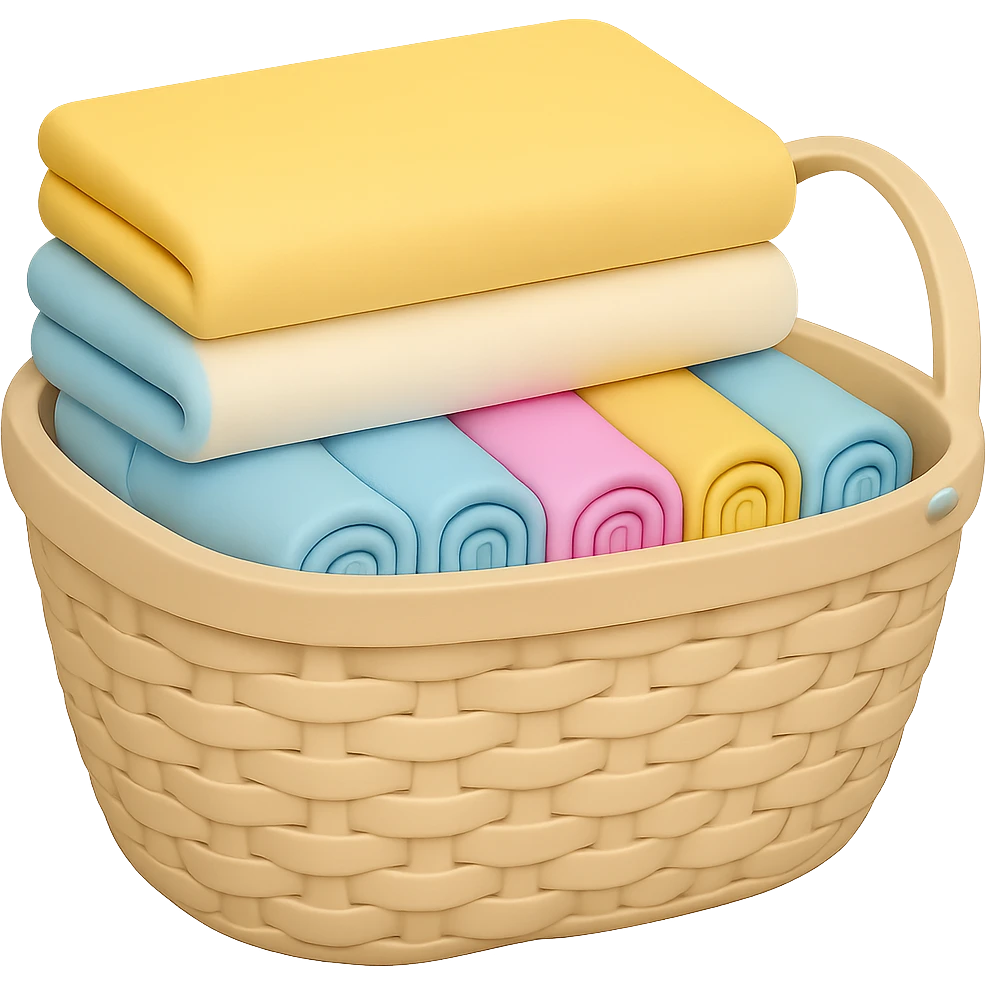 Make the wicker basket a little lighter in color, keep pastel socks and towels with folded towels on top, in the style of emoji. Remove the background. emoji
