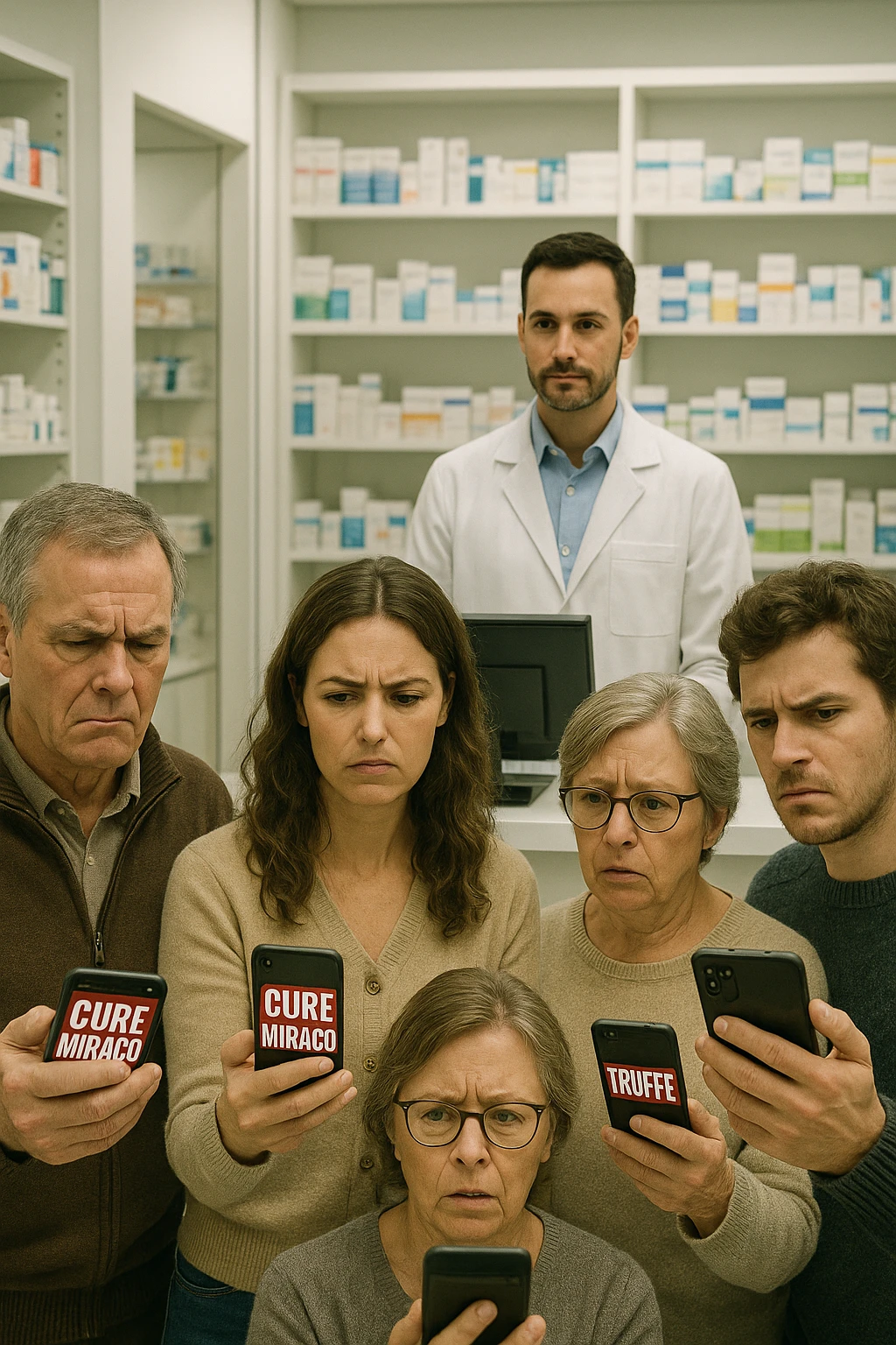 Realistic, vertical scene: a group of people in a pharmacy, some looking confused or skeptical as they read sensationalist headlines on their phones about “Cure Miracolanti” or “Truffe” A pharmacist stands behind the counter, ready to offer evidence-based advice. The atmosphere is educational, highlighting the importance of consulting professionals. emoji