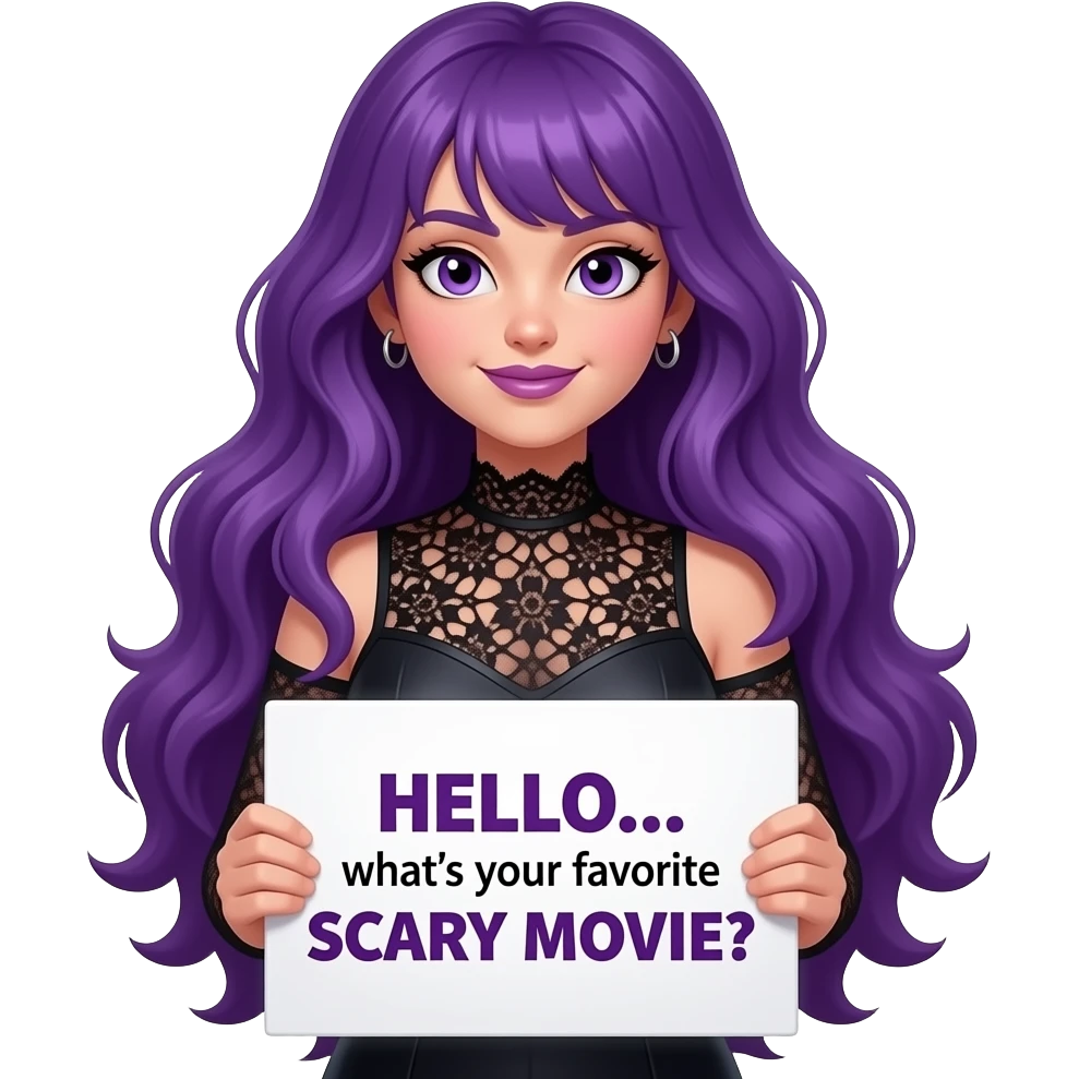 sexy girl with long purple hair and purple eyes holding a HELLO... what's your favorite SCARY MOVIE? sign emoji