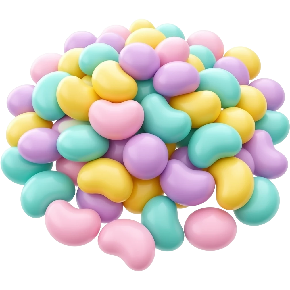 Pile de bonbons jelly beans ronds multicolore pastel clair, turquoise mauve rose jaune emoji