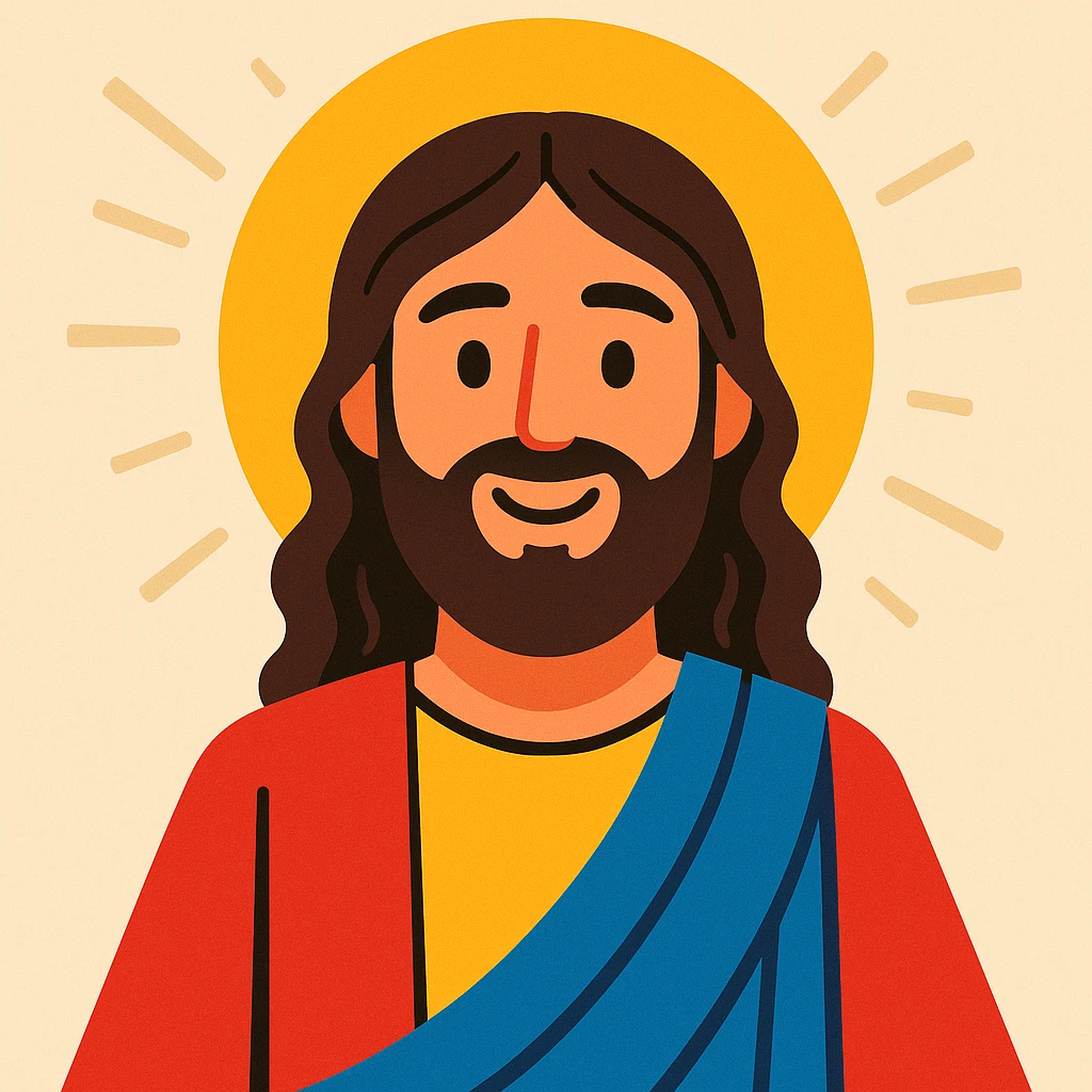 Jesus Christ in cartoon style, with halo, kind face, long hair and beard, bright simple clothing, light background emoji