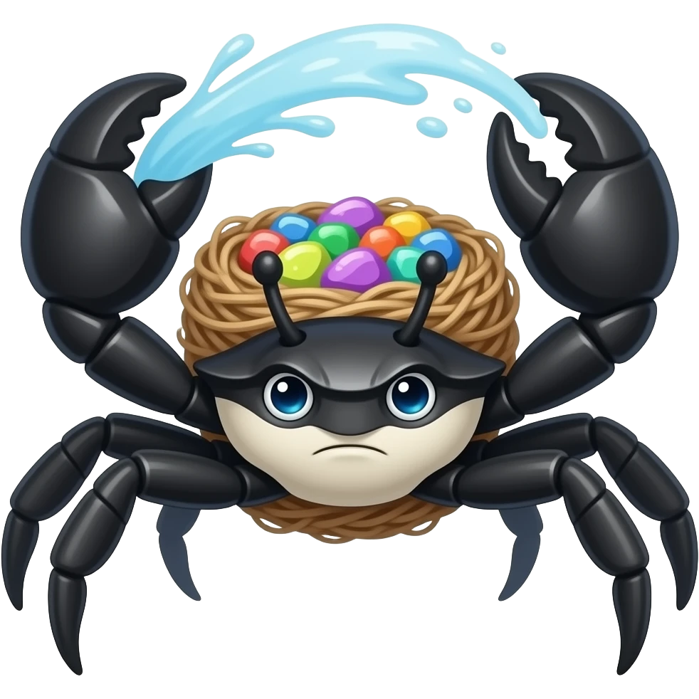 Marinibble A fast and dangerous black and white crab-like creature that gathers shiny multicolored stones on its back. It snaps a 4 big strong claws that burst with pressurized water. emoji