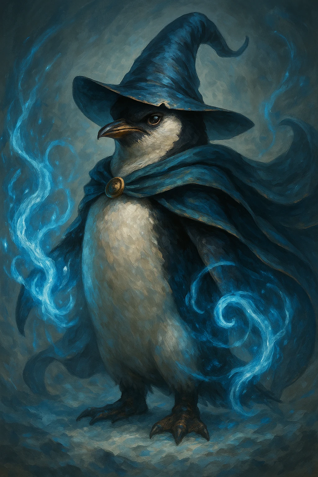 A heroic penguin wizard with a flowing cape, icy blue magic swirling around its flippers. emoji