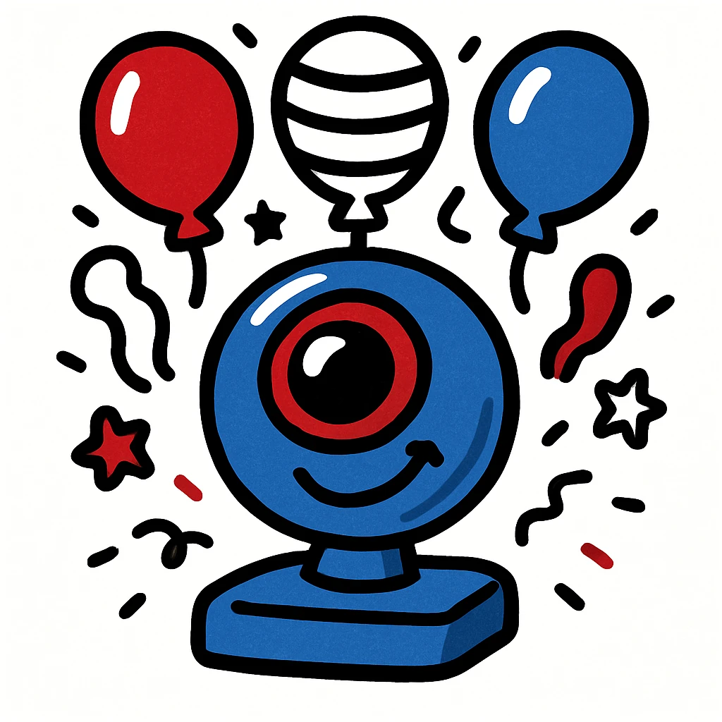 Recolor the webcam and festive elements using only the colors of the American flag: red, white, and blue, while maintaining a cheerful and festive style. emoji