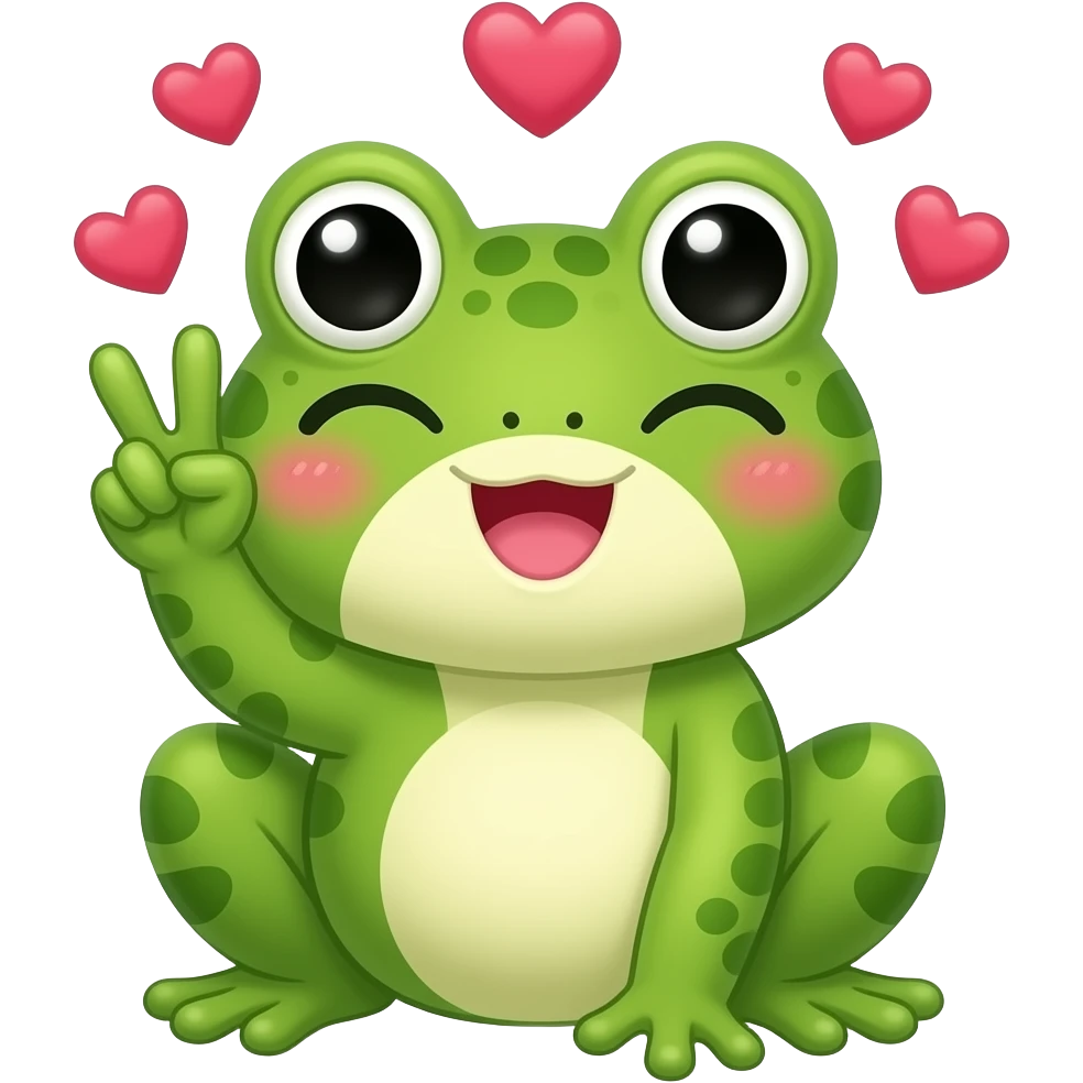 kawaii frog winking and holding up the peace sign, with hearts around her head emoji