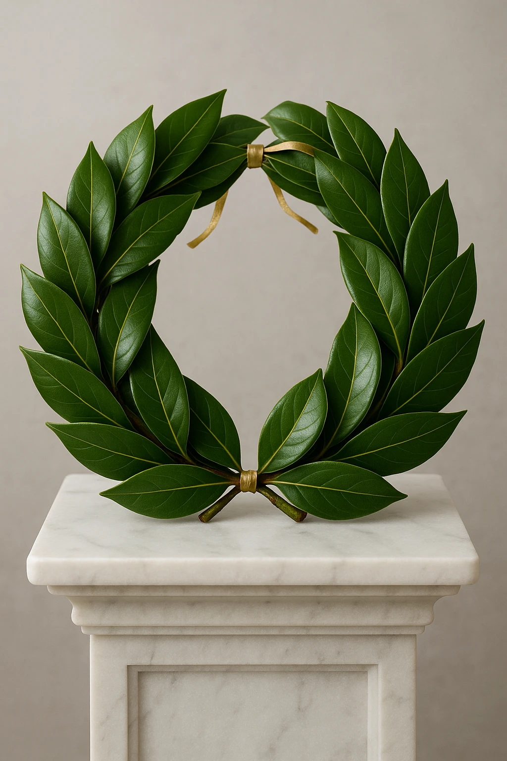 A realistic laurel wreath made of fresh or natural-looking laurel leaves, neatly woven into a circle. The leaves are glossy, rich green, with golden veins. The wreath is adorned with a thin golden ribbon tied in a bow at the back. The wreath is placed on a white marble pedestal or cushion. emoji