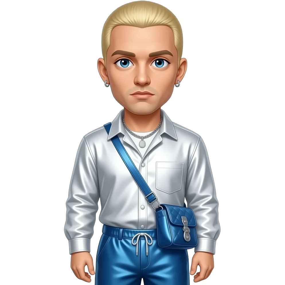 Eminem with blue eyes, blonde short buzz hair, white metallic shirt, blue metallic baggy pants, silver necklace and earrings emoji