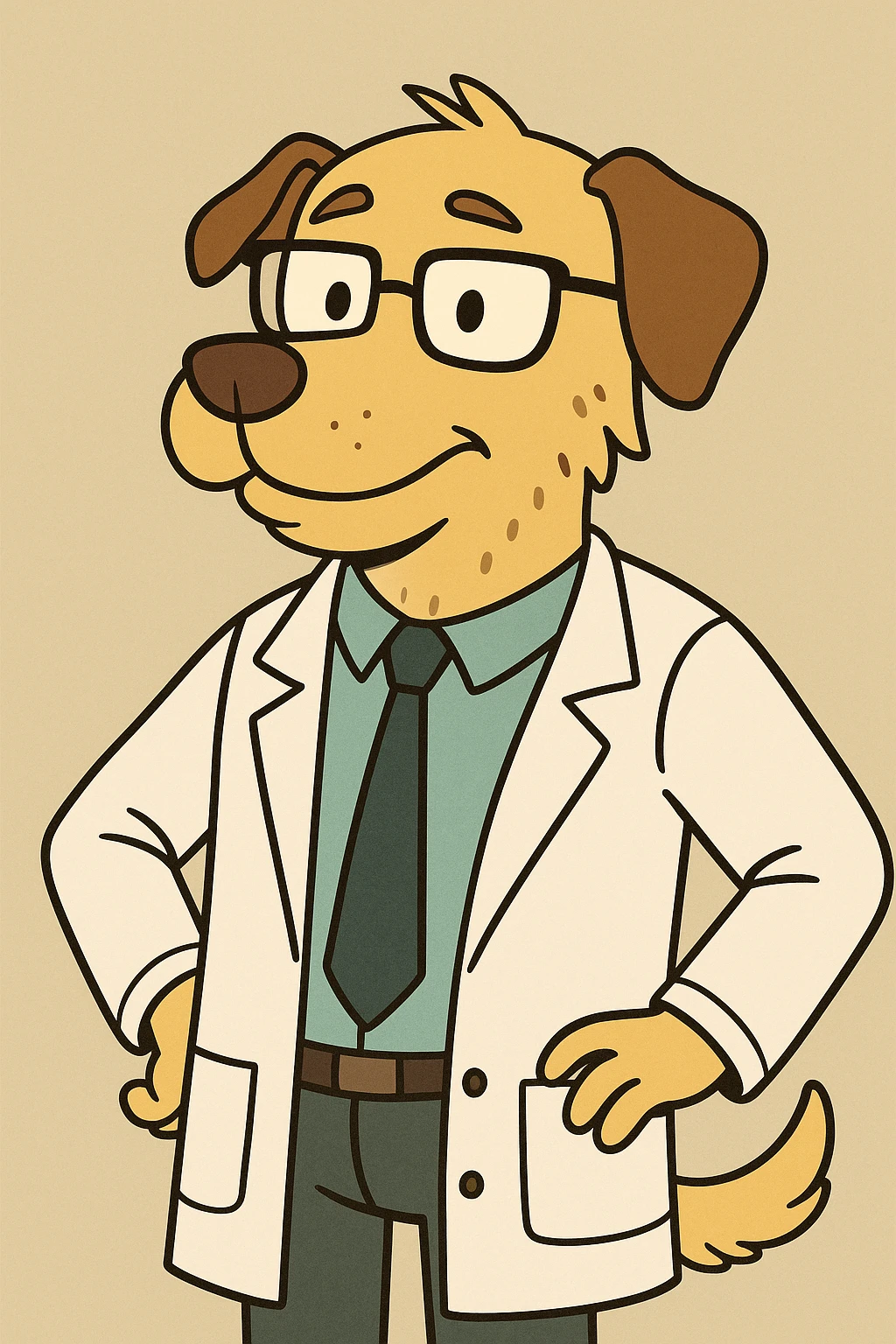 scientist dog cartoon style, wearing a lab coat and glasses, simple background emoji