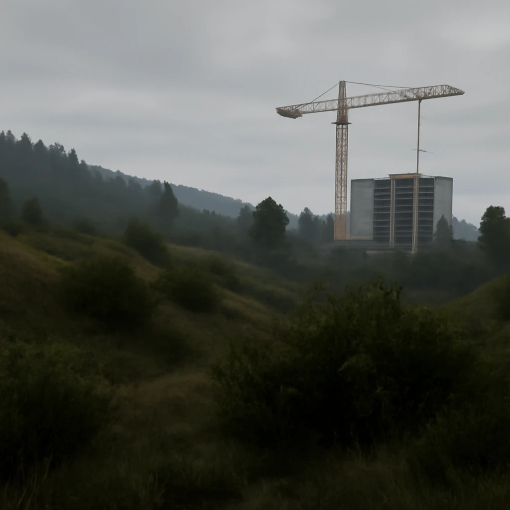  a scene amongst hills and bushes in the game DAYZ with a construction site and tall yellow crane in the background, screenshot, overcast day, videogame graphics, enfusion engine, arma 2 emoji