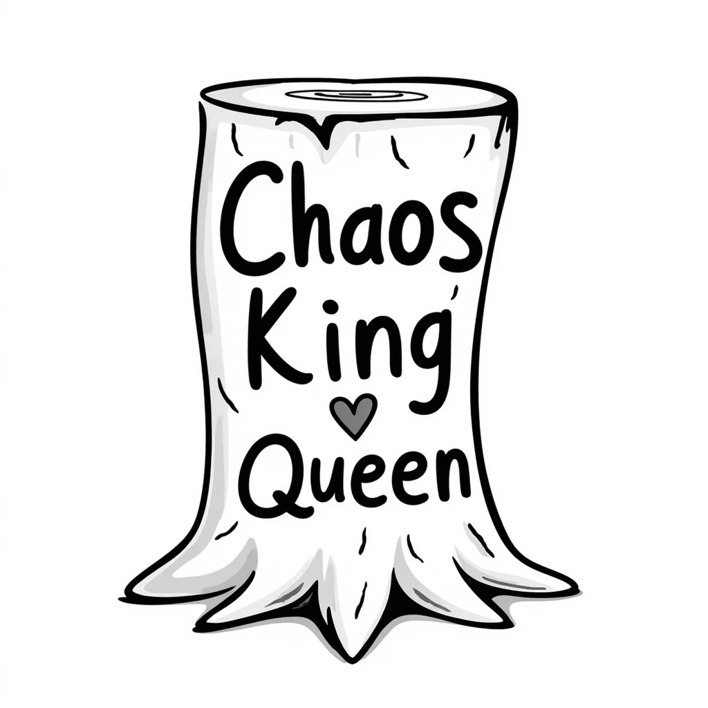 whimsical and slightly wild tree stump with a heart carved into it, the words 'Chaos King' and 'Chaos Queen' carved into the tree stump, visible wood texture, playful details, hand drawn doodle style emoji