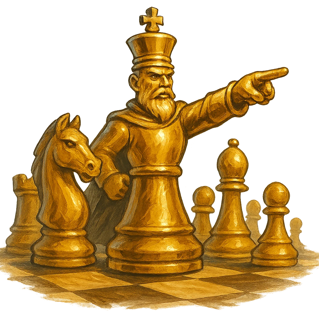 В cлегка рисованной, но при этом объемной, яркой и фотореалистичный стилистике сгенерируй картинку где по центру стоит шахматный король сделанный из качественного золота, он указывает пальцем в даль как военноначальник, а рядом фигуры пешек, конь, ладья, слон идут в атаку, на полу виднеется шахматная доска, фон позади фигур прозрачный фон emoji