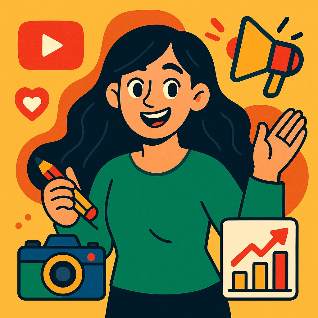 creative woman with long black hair and green outfit, surrounded by icons of social media, camera, and marketing, showing kindness and passion, colorful cartoon style emoji