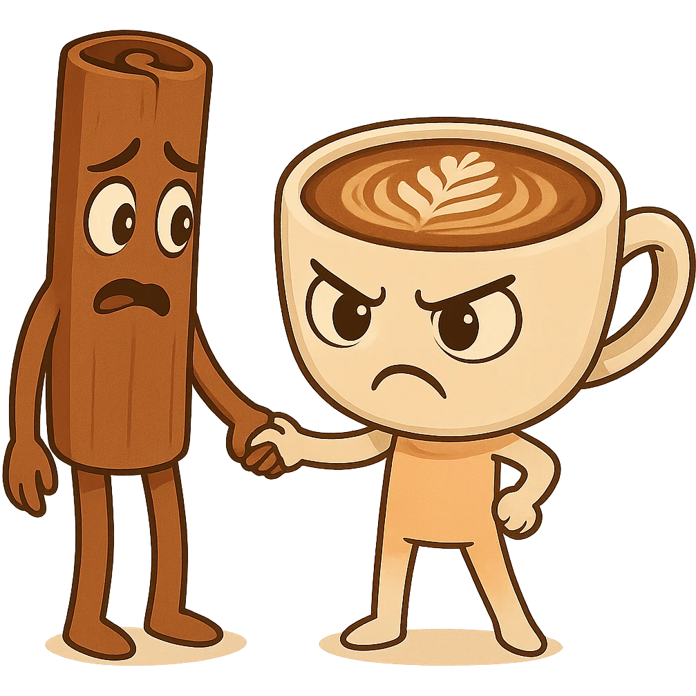 Keep the same quality and chibi stickers style. Edit the characters to have different expressions: make the coffee cup character angry and the cinnamon stick character scared. emoji