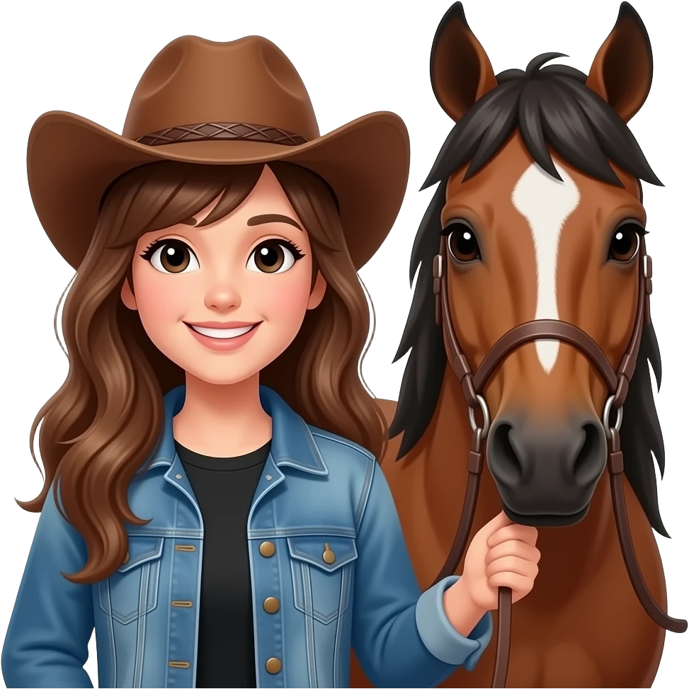 Girl with long brown hair, with black eyes, smiling, wearing a denim jacket and black shirt and brown cowgirl hat, next to her brown horse that has a white spot on her forehead. emoji