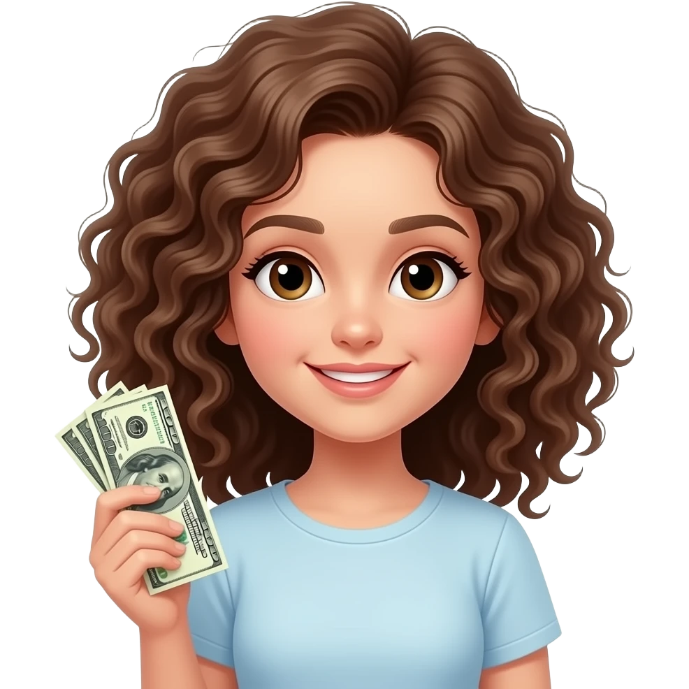 girl with curly brown hair with money emoji