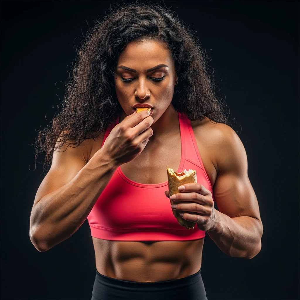 DONNA FITNESS CHE MASTICA CIBO, IPERREALISTICA 4K, SENZA SFONDO emoji