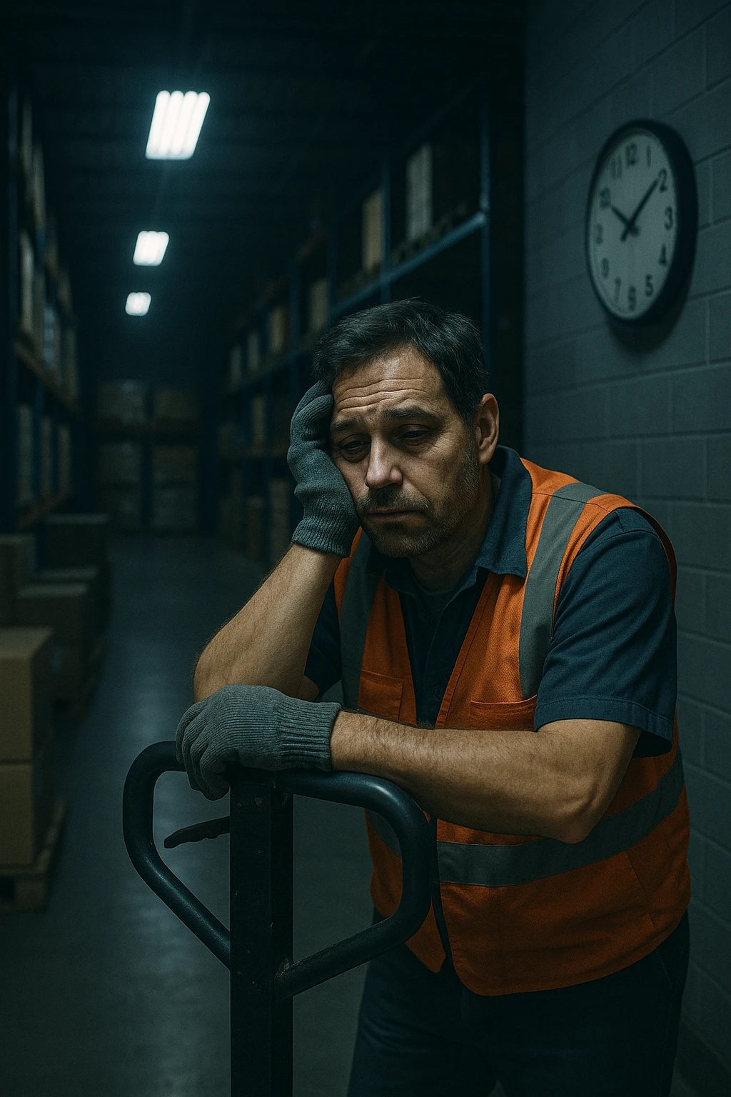a tired warehouse worker in his 40s, wearing a reflective vest and work gloves, stands under harsh fluorescent lights in a large, dimly lit warehouse. He leans on a pallet jack, eyes heavy with fatigue and dark circles under them. Stacks of boxes and shelves loom in the background, and a wall clock shows it’s the middle of the night. The mood is somber and empathetic. emoji