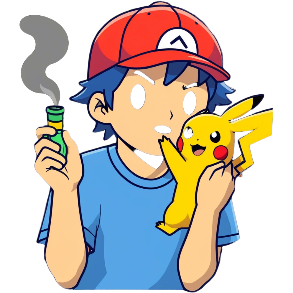 21 yo Handsome Ash Ketchum using a bong with picachu breathing out smoke emoji