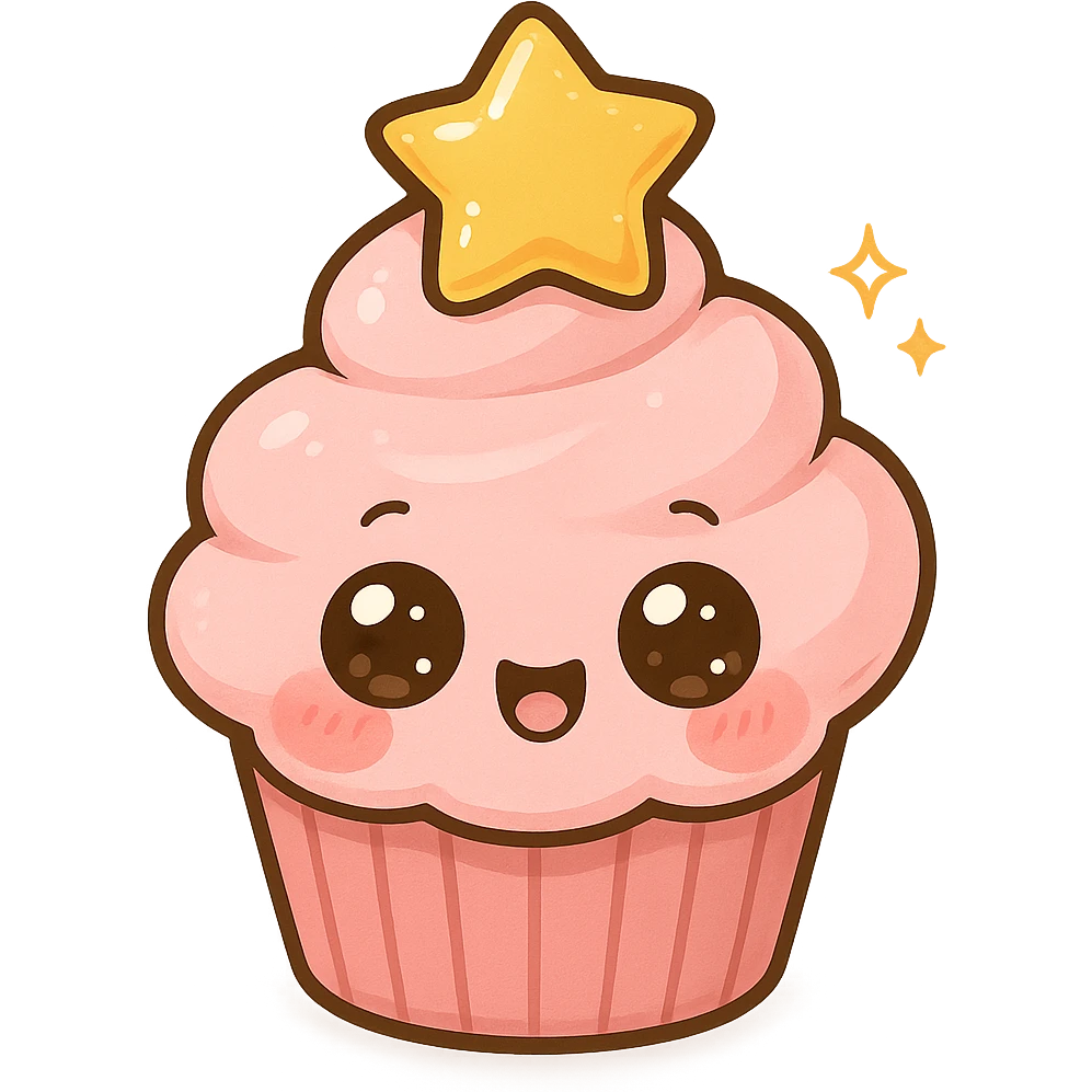 a cute pink cupcake with a star, original design, big eyes, blushing cheeks, joyful emoji