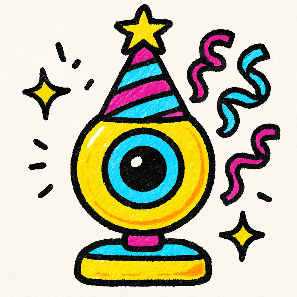 webcam camera with party hat and streamers, celebrating 4th of July, colorful and cheerful style emoji