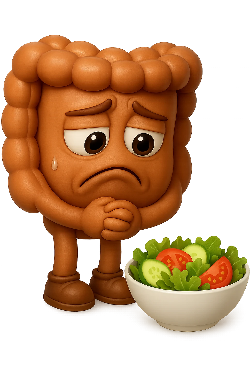 EMOJI STILE IPHONE DI UN INTESTINO UMANO ANATOMICO CHE GUARDA UN INSALATA CON ESPRESSIONE TRISTE E RASSEGNATA IN VOLTO: SOFFRE LA FAME PERCHé è A DIETA, FAGLI ANCHE LA PARTE BIANCA DEGLI OCCHI, NON SOLO LE PUPILLE, IPERREALISTICO 4K emoji