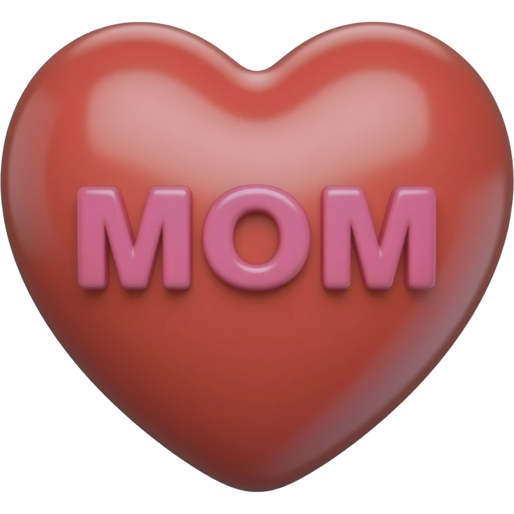 “red heart emoji, glossy 3D, bold pink text ‘MOM’ on center, soft shine, smooth gradient, cute emoji style, clean, no background” emoji