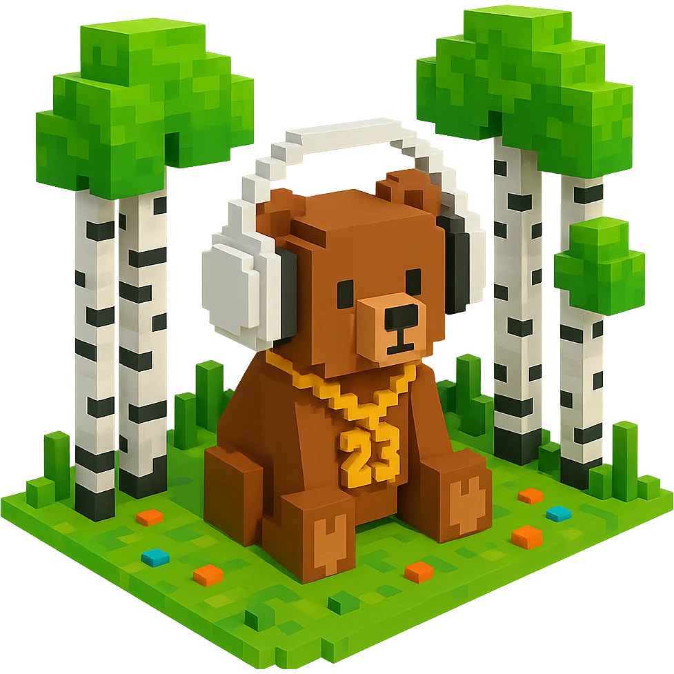 березовый лес, в котором сидит бурый медвежонок в белых наушниках (наушники должны закрывать уши медведя), на медведе цепь с подвеской "23", no background  emoji