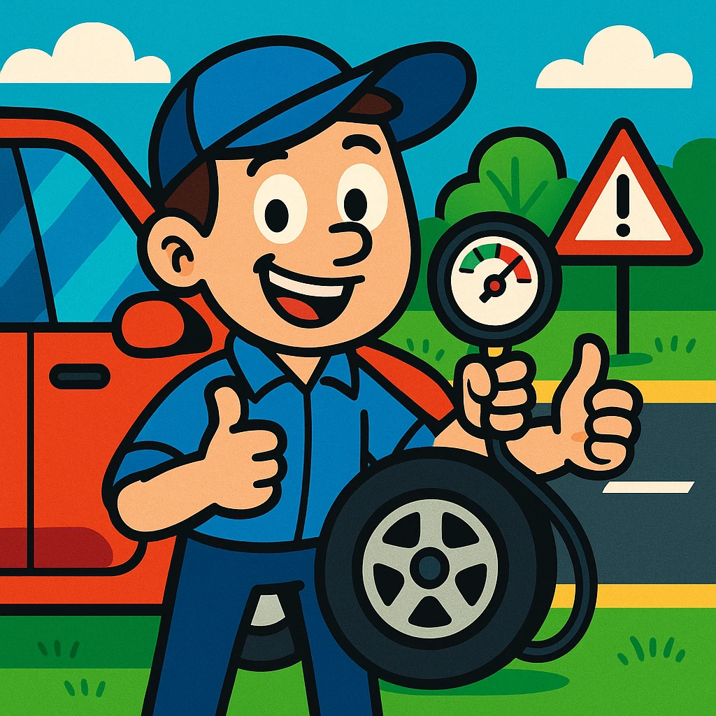 smiling cartoon character showing tire pressure gauge next to car, road safety atmosphere, bright colors emoji