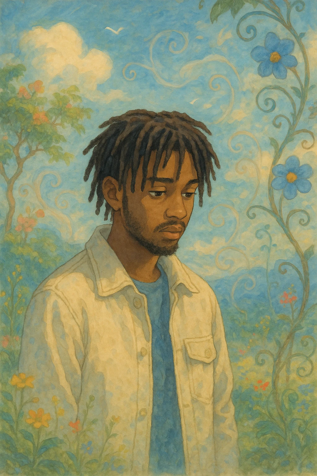 Tiakola on the cover of the album Mélo, Ghibli style, poetic atmosphere, artistic background inspired by the original cover, no text emoji