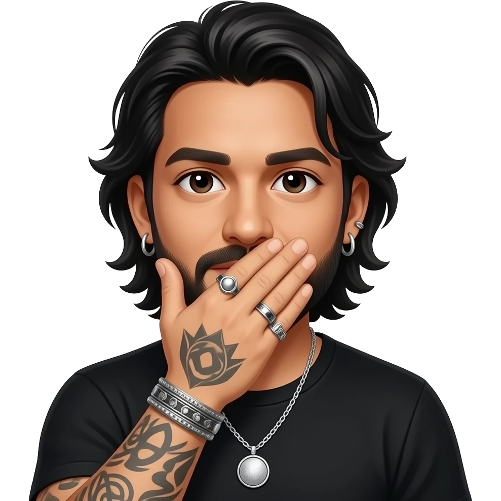 The handsome, manly Latino podcast host with black colored eyes wearing black with silver jewelry, with medium length hair, a pretty long lightly graying beard and tattoos, his ear pierced and right nostril as well, covering his mouth with one hand emoji