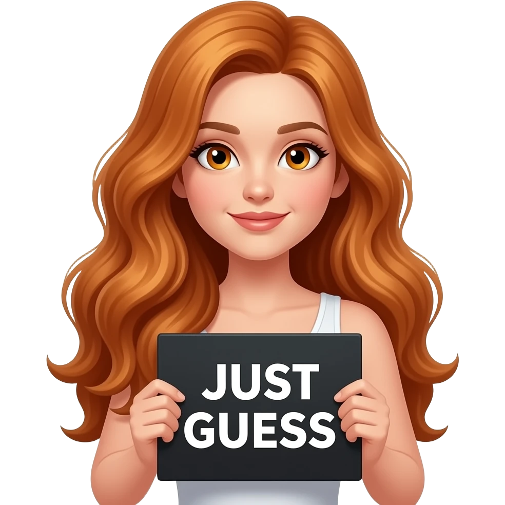 sexy girl with long wavy ginger hair and ginger eyes wearing a white tanktop is holding a black colored sign with JUST GUESS written on it emoji