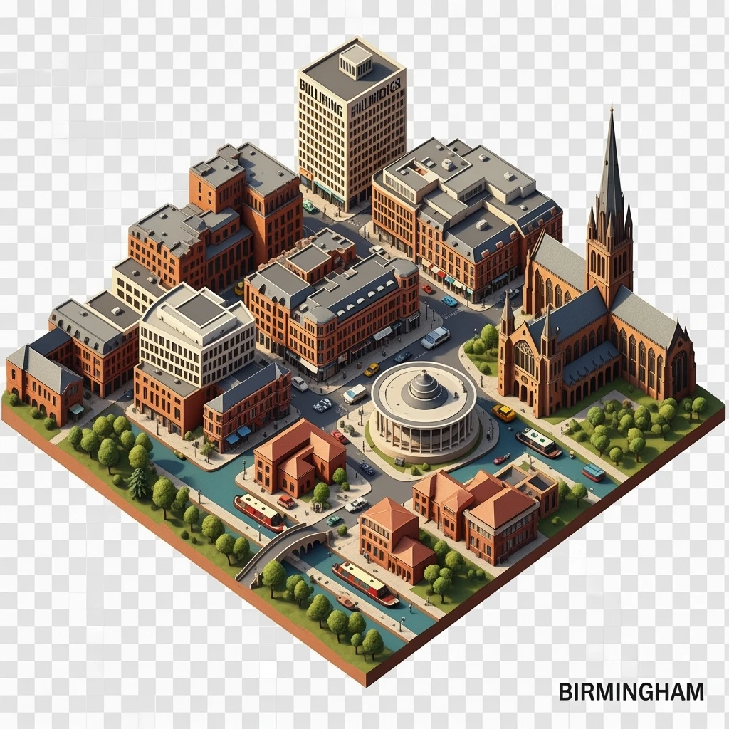 Isometric illustration of Birmingham, balanced between stylized and realistic, 3D miniature effect, transparent background. emoji